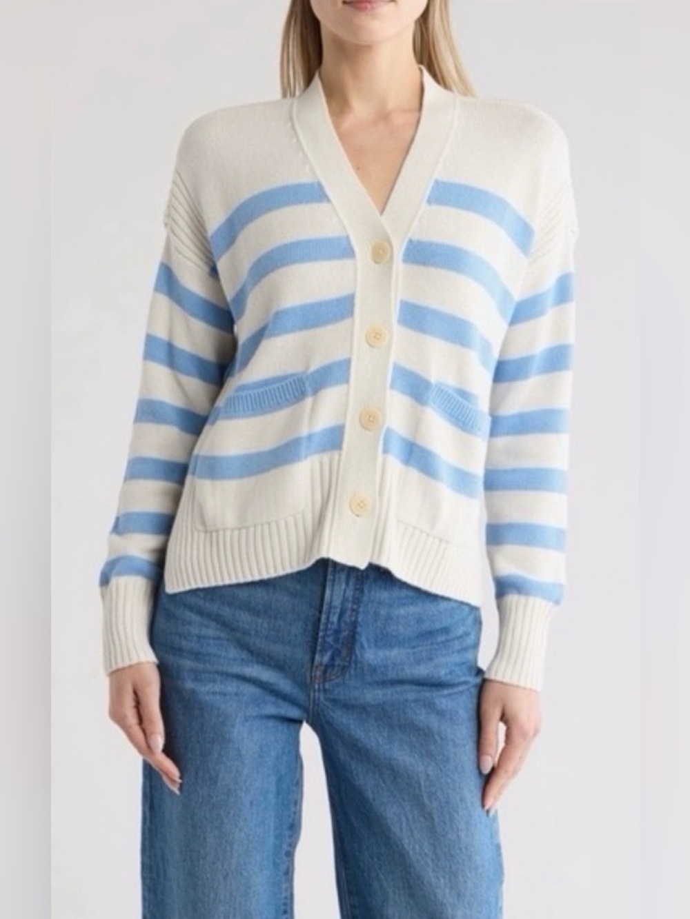 Madewell Women’s Sharon V-Nexk Emmett Cardigan Blue/White Striped Small